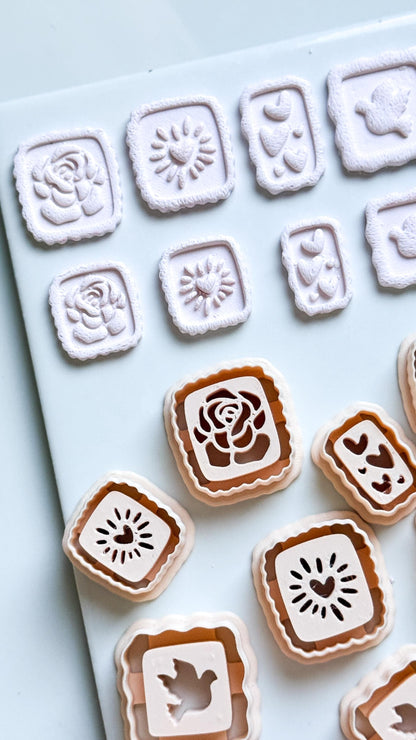 Rose, Heart & Bird Emboss Clay Cutters: Scalloped Rectangle Stamp Polymer Clay Tools