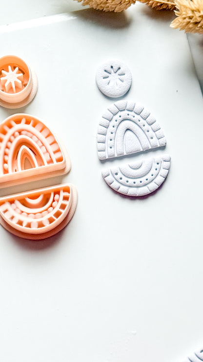 Boho Rainbow Clay Cutter Set: Sunburst and Teardrop Embossed Polymer Clay Tool