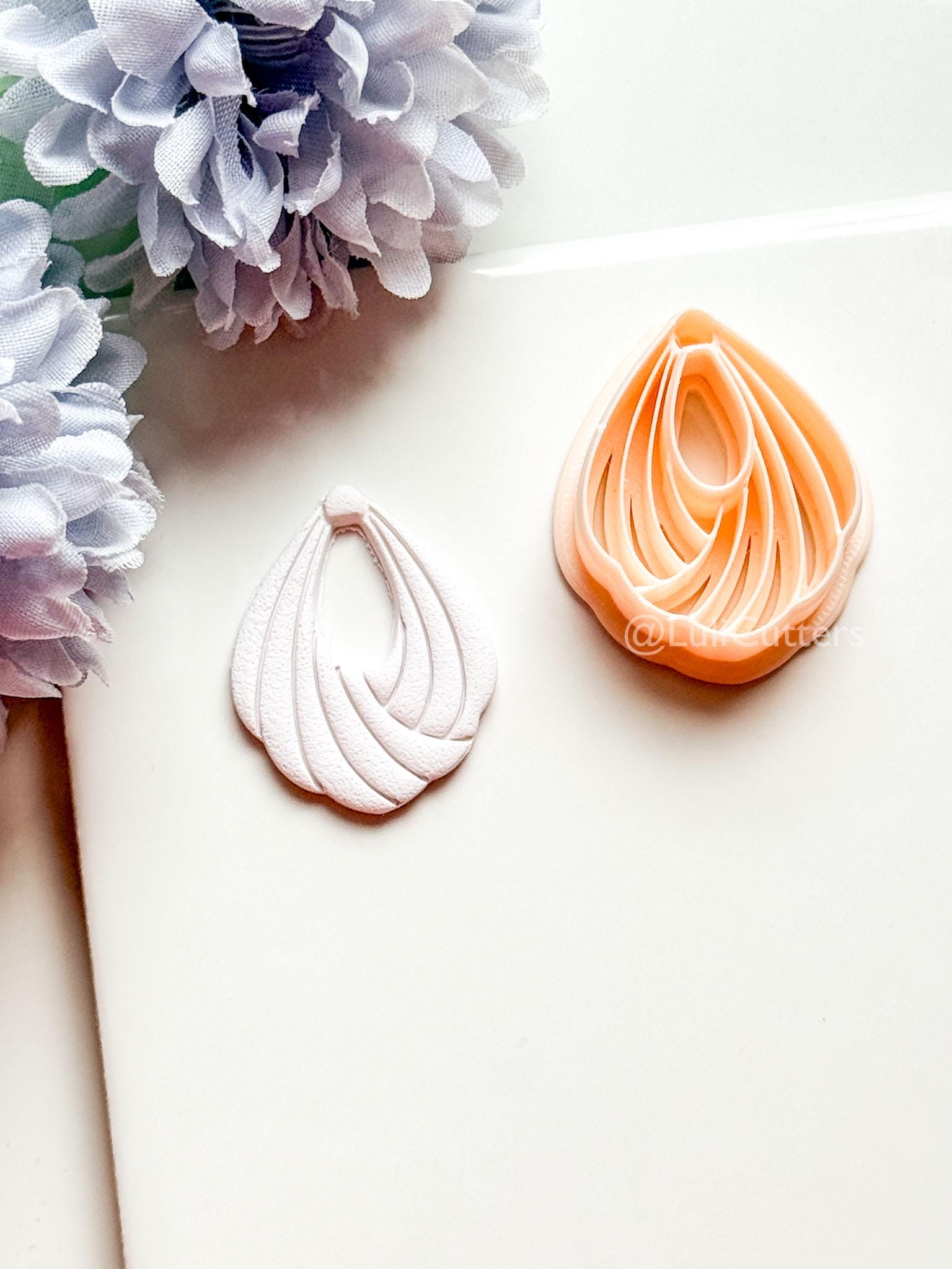 Odette Polymer Clay Cutter: Layered Drop Shape with Curved Fan Texture
