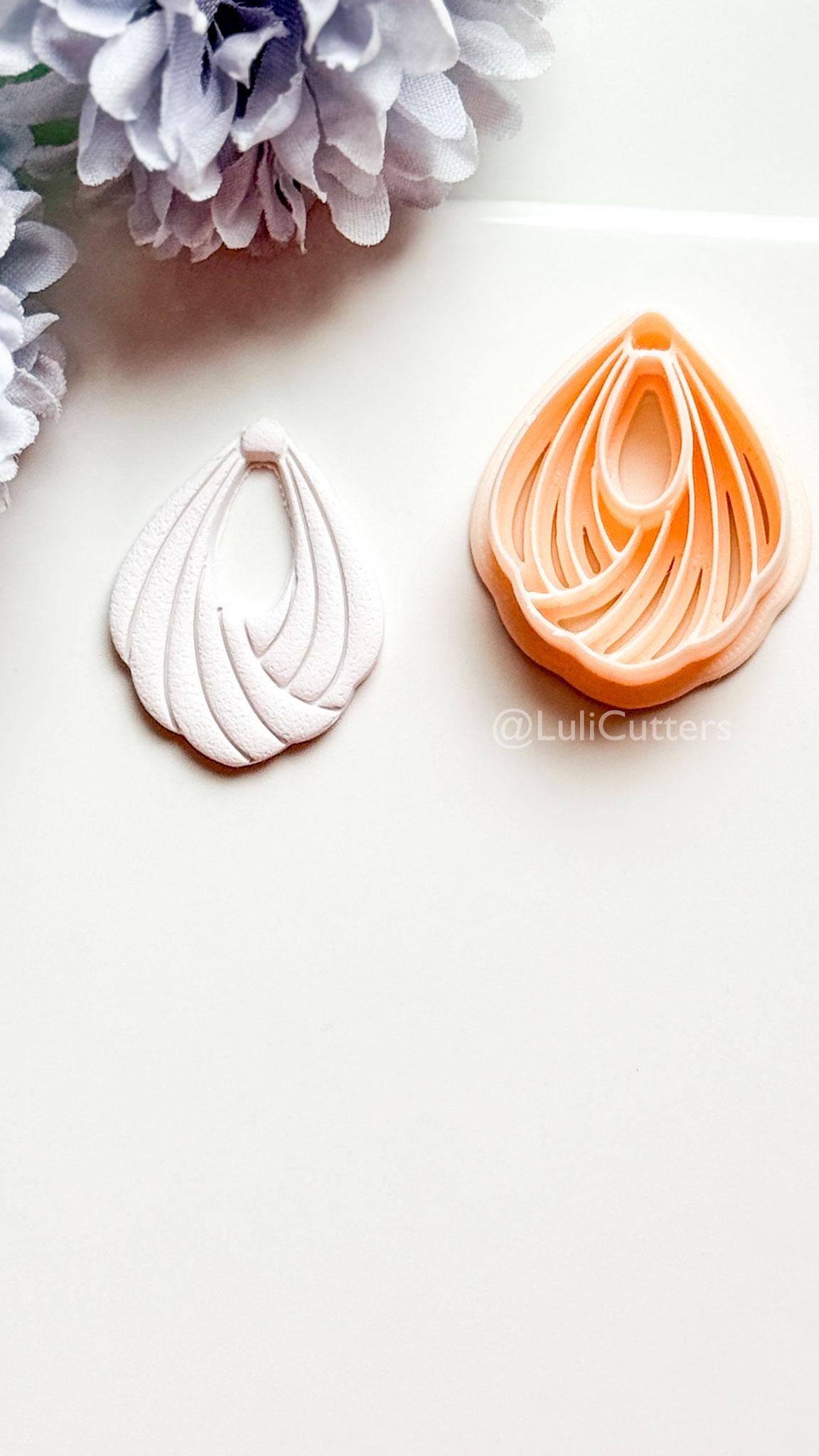 Odette Polymer Clay Cutter: Layered Drop Shape with Curved Fan Texture