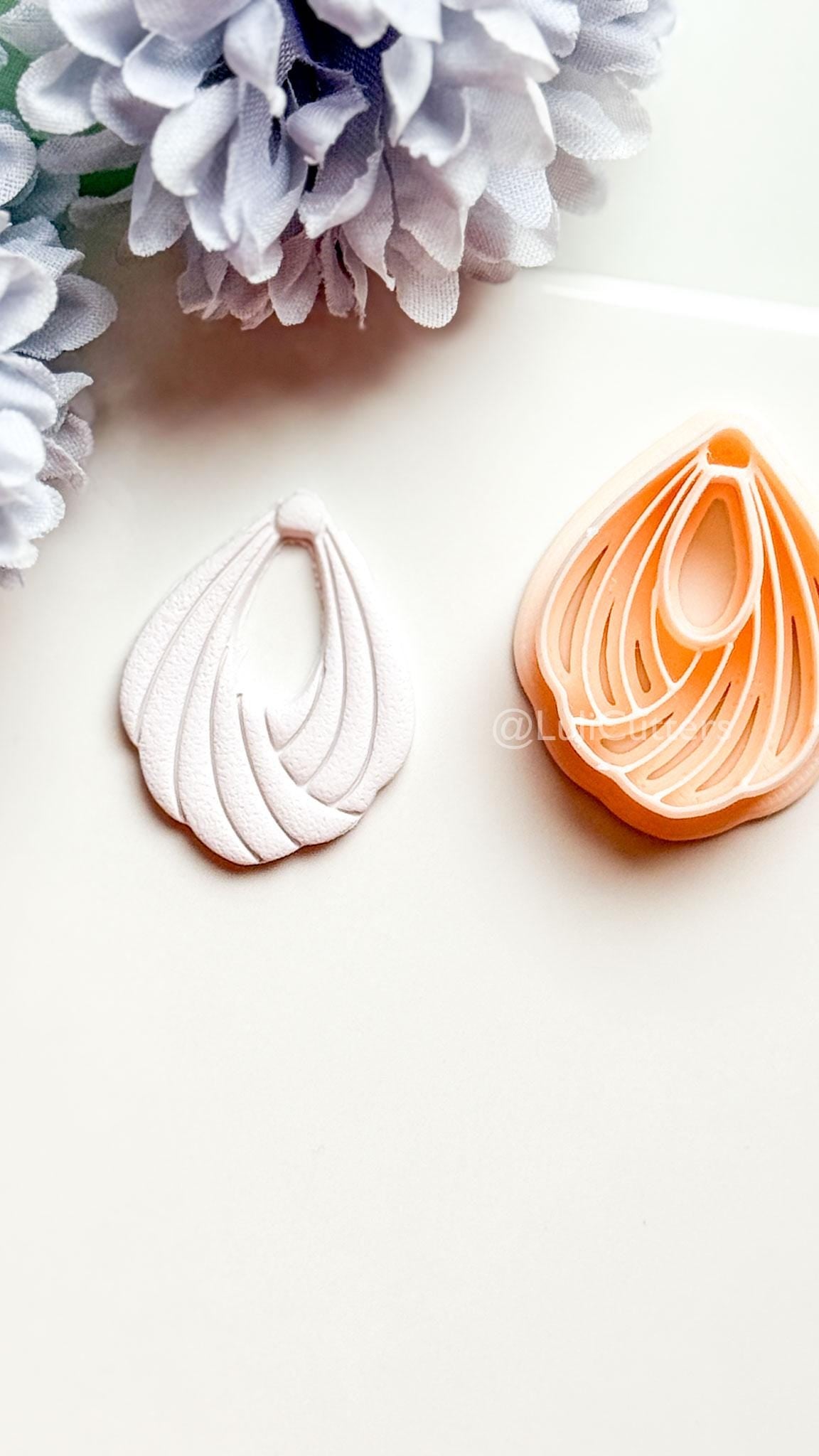 Odette Polymer Clay Cutter: Layered Drop Shape with Curved Fan Texture