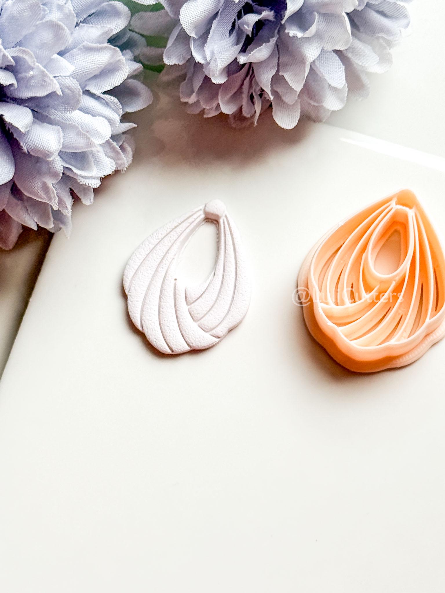 Odette Polymer Clay Cutter: Layered Drop Shape with Curved Fan Texture