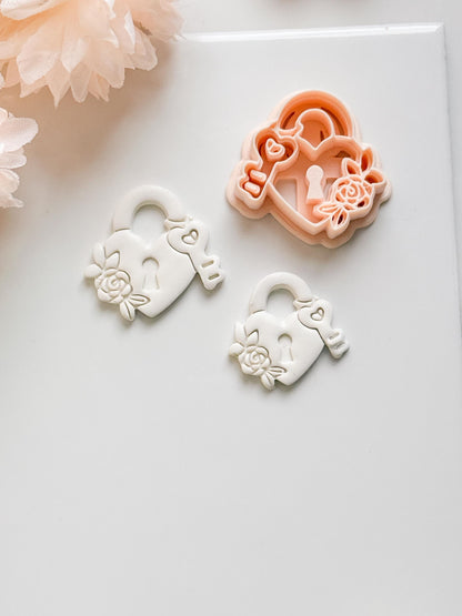 Locked in Bloom Clay Cutter: Heart Padlock with Key & Floral Detail