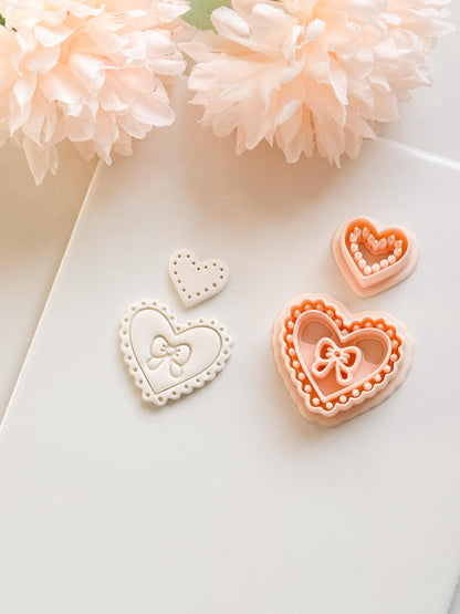 Pink Love Clay Cutter Set: Scalloped Heart with Bow & Dot Embossing