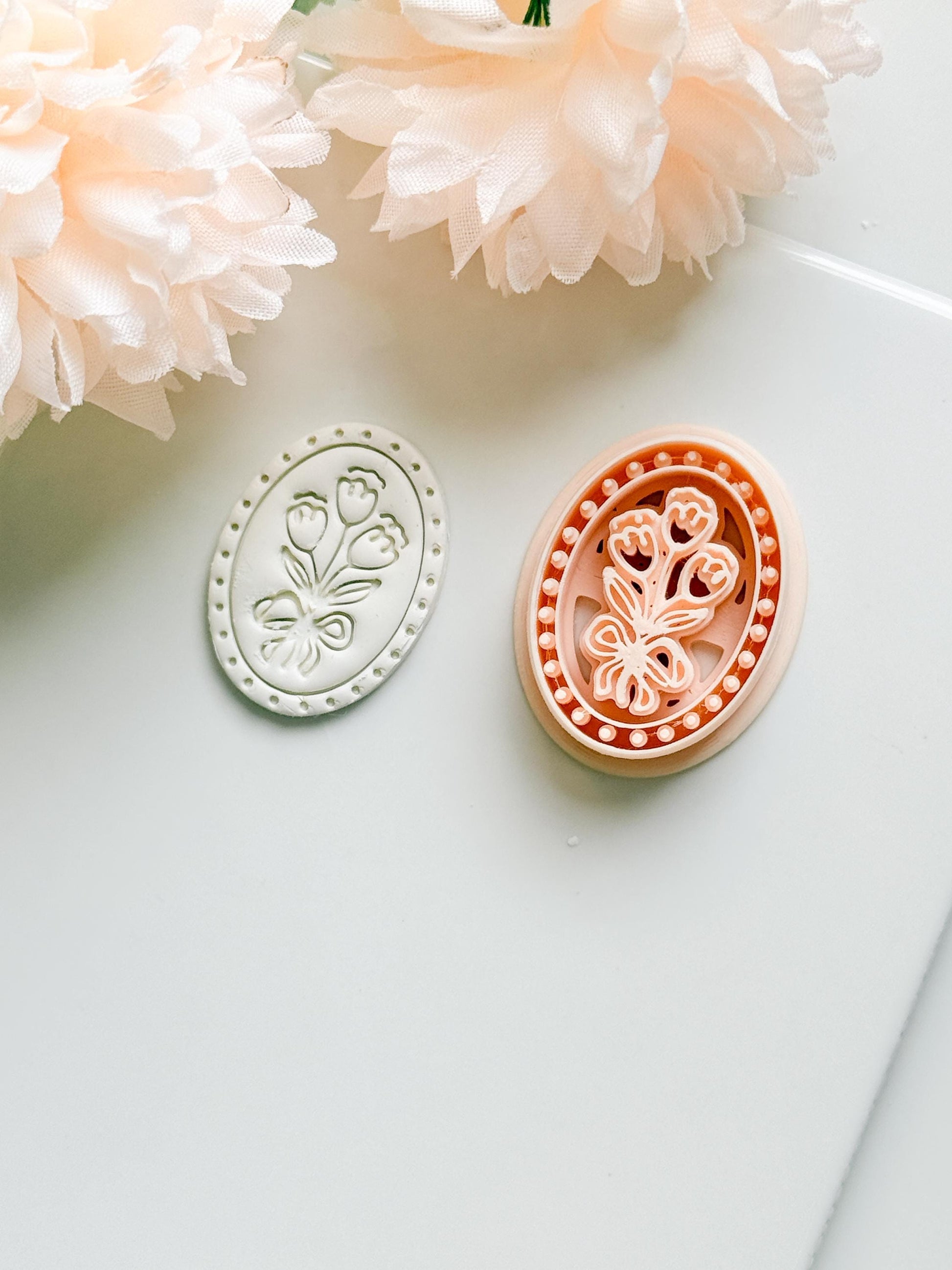 Tulip Cameo Clay Cutter Set: Oval Floral Design with Bow Embossing