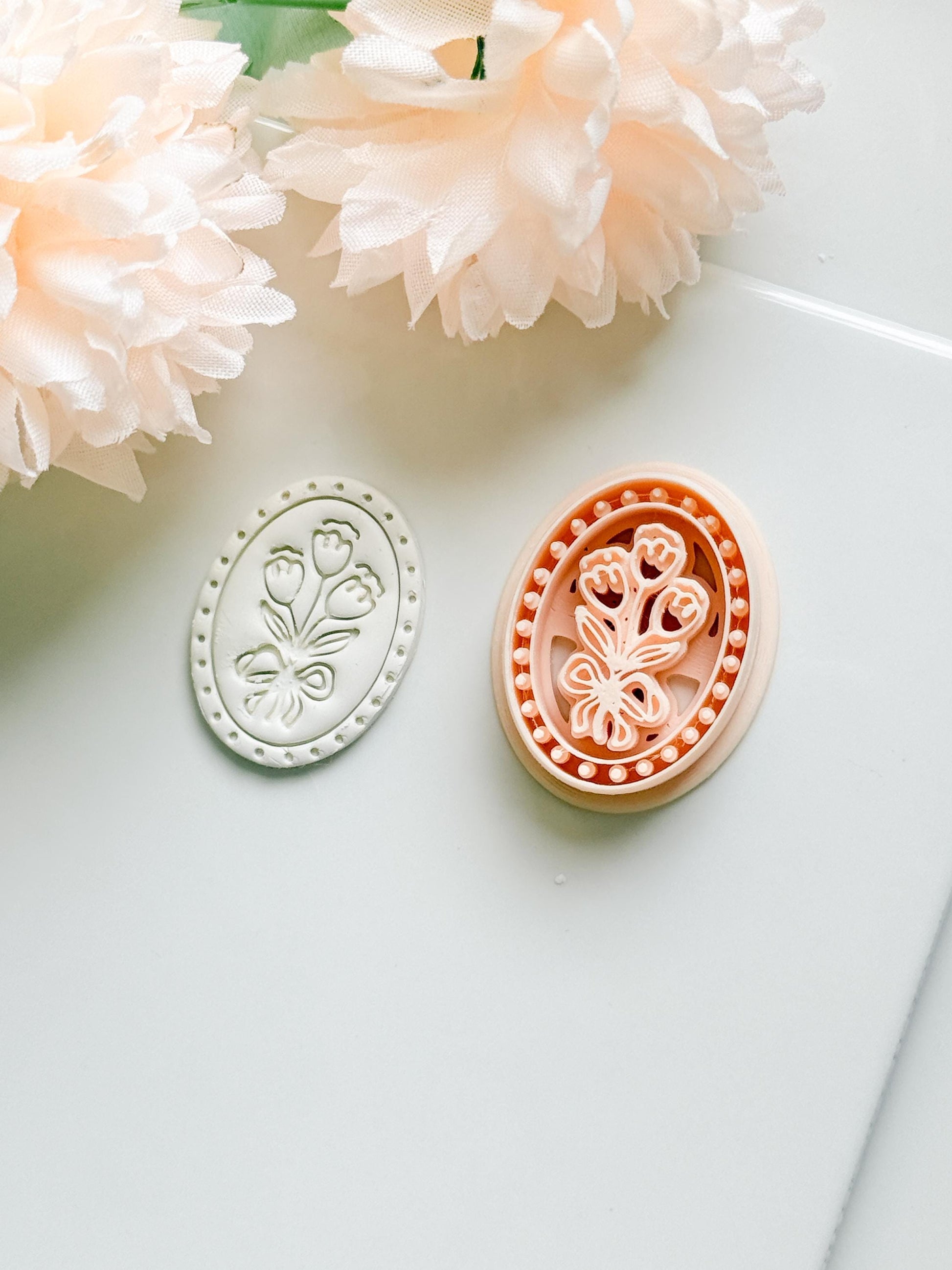 Tulip Cameo Clay Cutter Set: Oval Floral Design with Bow Embossing
