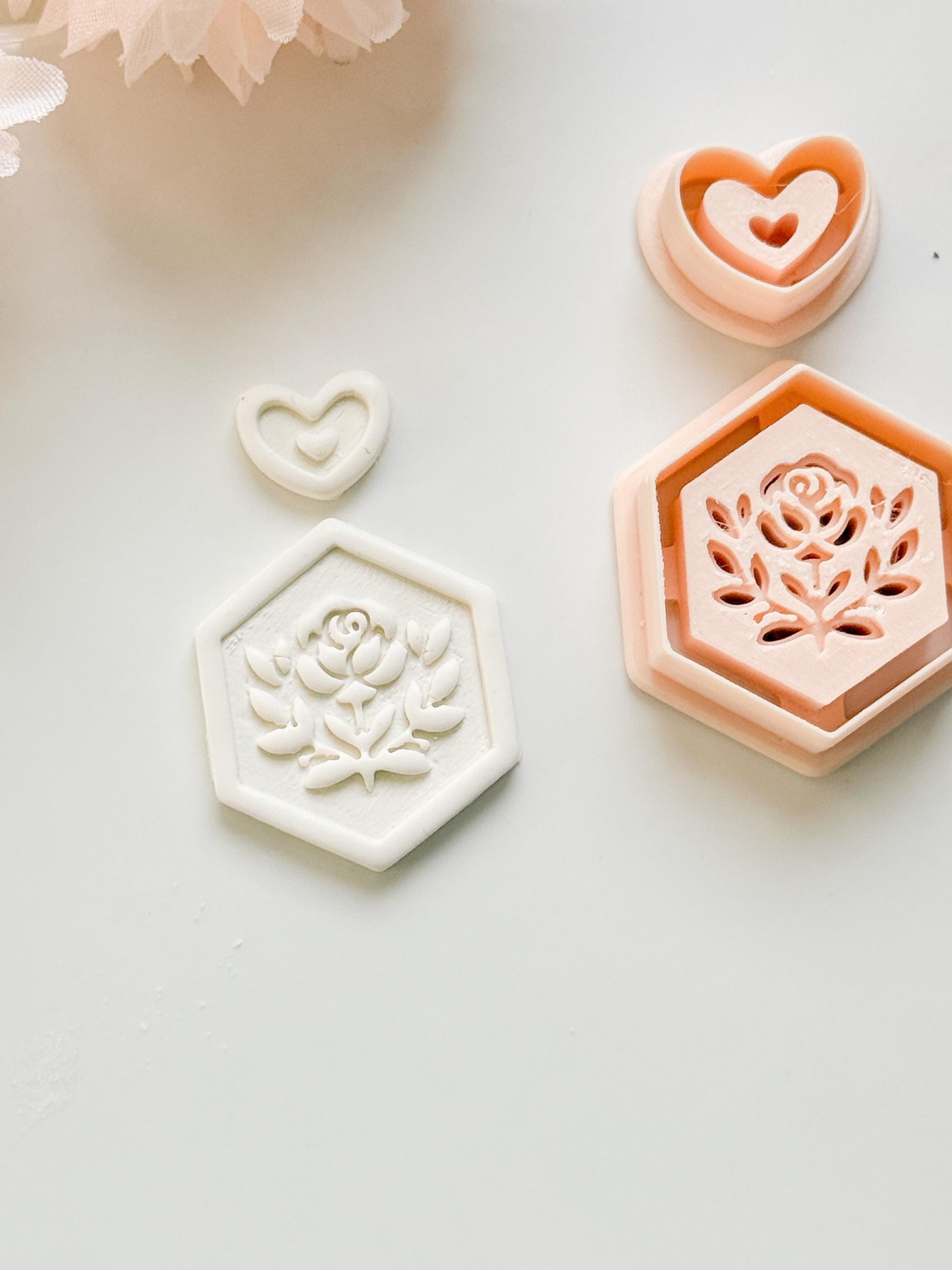 Rosa Hexa Clay Cutter Set: Hexagon Rose Embossed Design with Heart Accent