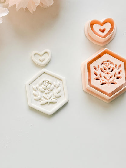 Rosa Hexa Clay Cutter Set: Hexagon Rose Embossed Design with Heart Accent
