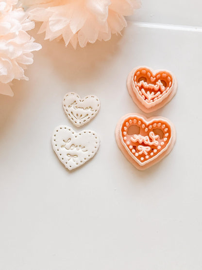 Amor & Love Script Dangle Clay Cutter Set: Heart Design with Lettered Embossing