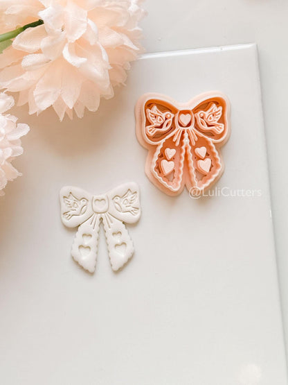 Lovebirds on a Bow Clay Cutter Set: Ribbon Design with Birds & Heart Details