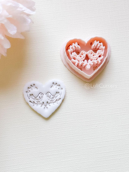 Love Birds Clay Cutter Set: Scalloped Heart with Floral Bird Embossed Design