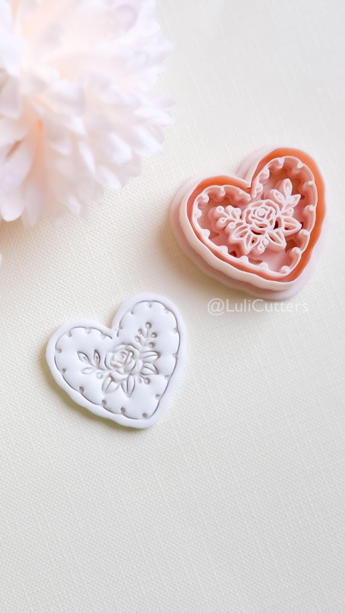 Rosy Lace Heart Clay Cutter Set: Floral Rose Design with Scalloped Detailing