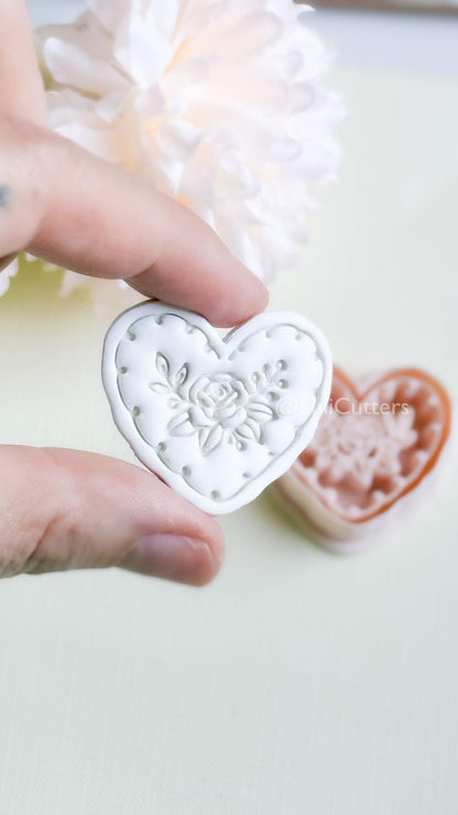 Rosy Lace Heart Clay Cutter Set: Floral Rose Design with Scalloped Detailing