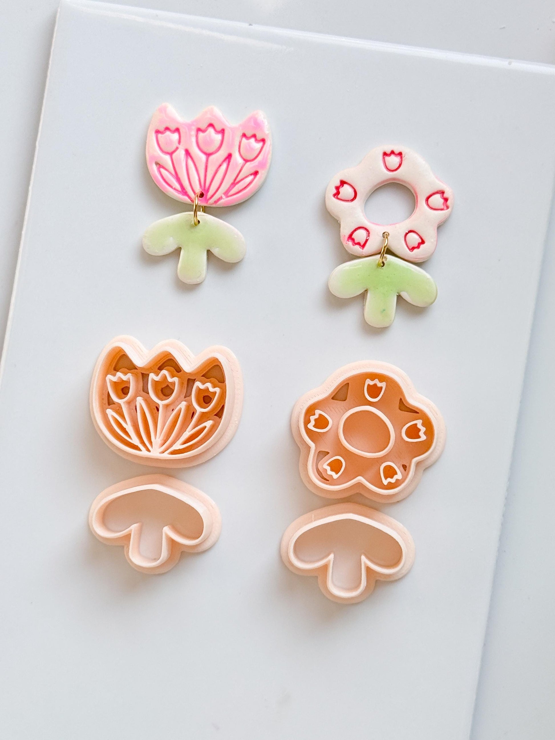 Tulip Patch Pair Clay Cutters: Floral Dangle Earring Design