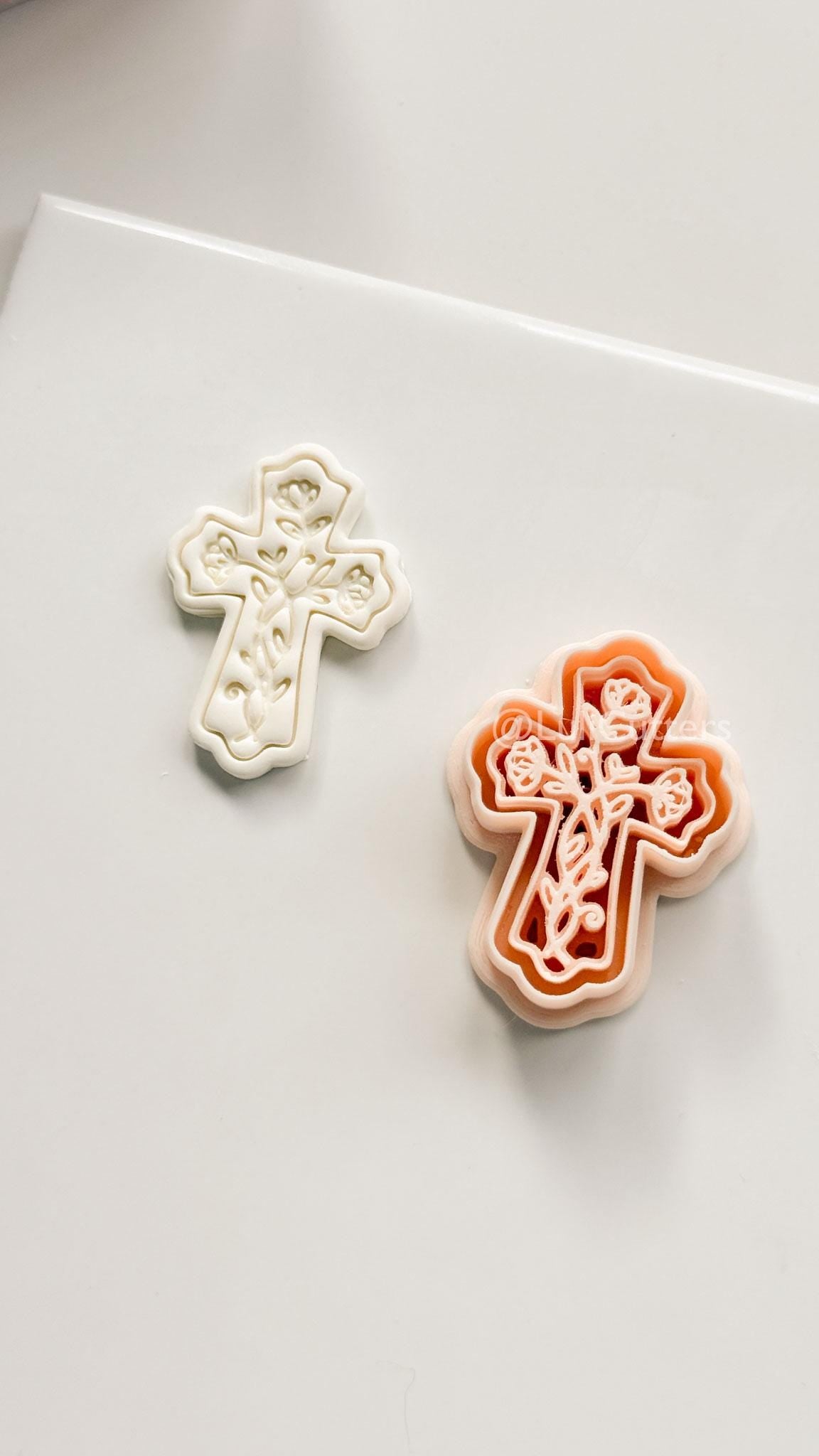 Soft Bloom Cross Polymer Clay Cutter: Embossed Floral Vine Design for Easter