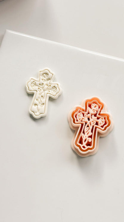 Soft Bloom Cross Polymer Clay Cutter: Embossed Floral Vine Design for Easter