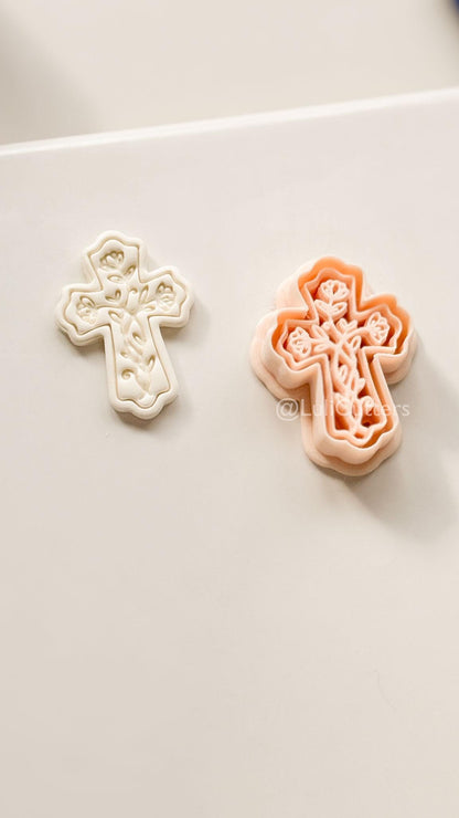 Soft Bloom Cross Polymer Clay Cutter: Embossed Floral Vine Design for Easter