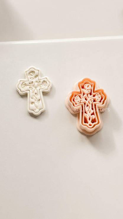 Soft Bloom Cross Polymer Clay Cutter: Embossed Floral Vine Design for Easter