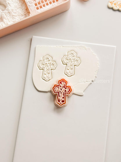 Soft Bloom Cross Polymer Clay Cutter: Embossed Floral Vine Design for Easter
