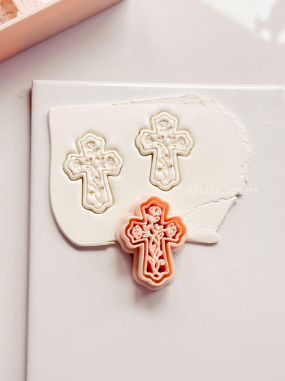 Soft Bloom Cross Polymer Clay Cutter: Embossed Floral Vine Design for Easter