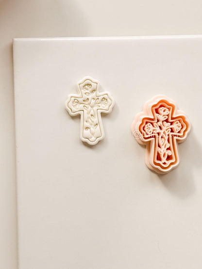 Soft Bloom Cross Polymer Clay Cutter: Embossed Floral Vine Design for Easter