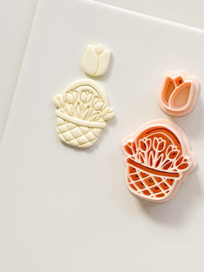 Tulip Basket Polymer Clay Cutter: Embossed Floral Set & Mini Bloom for Spring