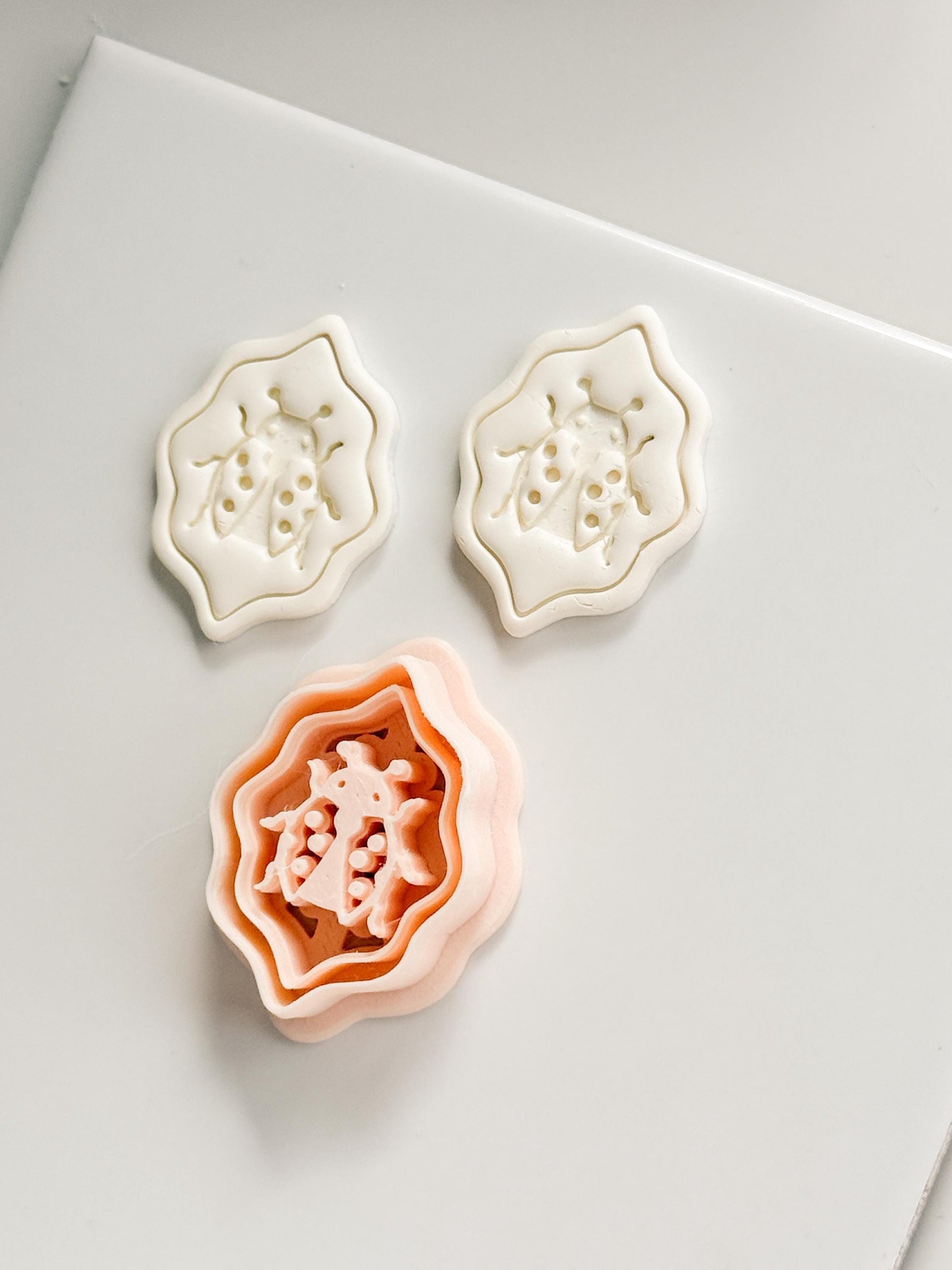 Lucky Lady Polymer Clay Cutter: Embossed Ladybug in Wavy Frame