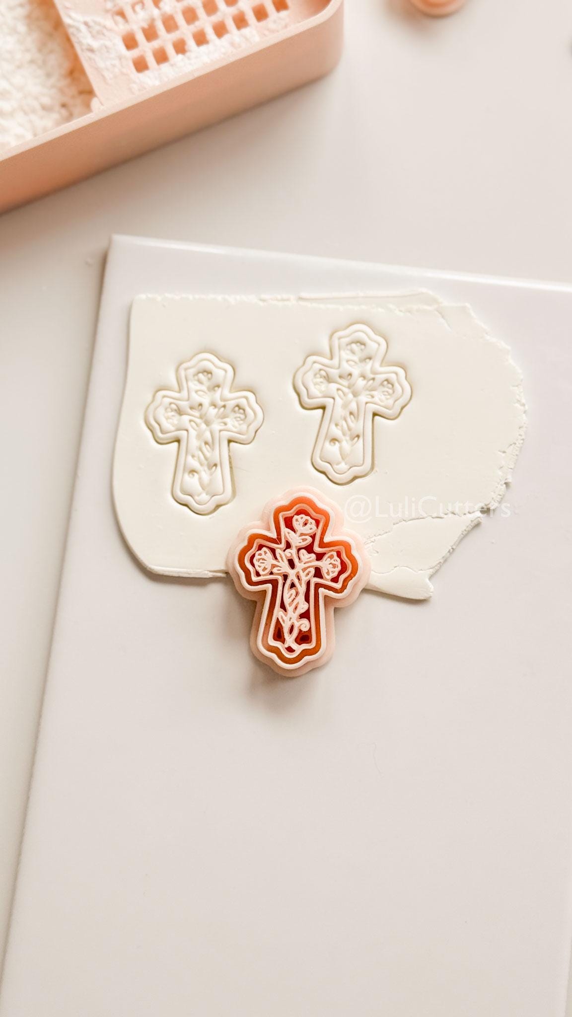 Soft Bloom Cross Polymer Clay Cutter: Embossed Floral Vine Design for Easter