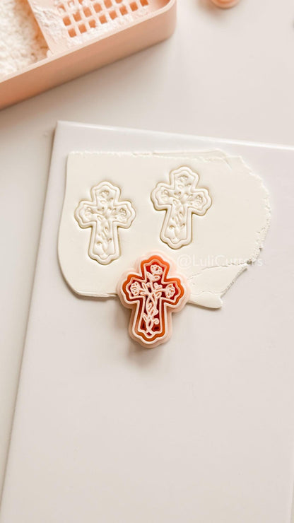 Soft Bloom Cross Polymer Clay Cutter: Embossed Floral Vine Design for Easter