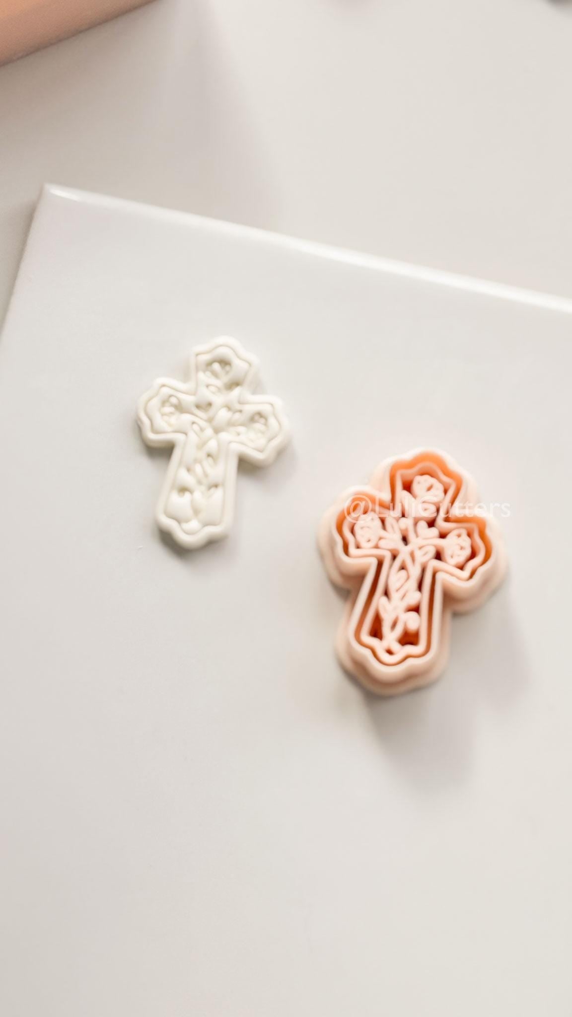 Soft Bloom Cross Polymer Clay Cutter: Embossed Floral Vine Design for Easter