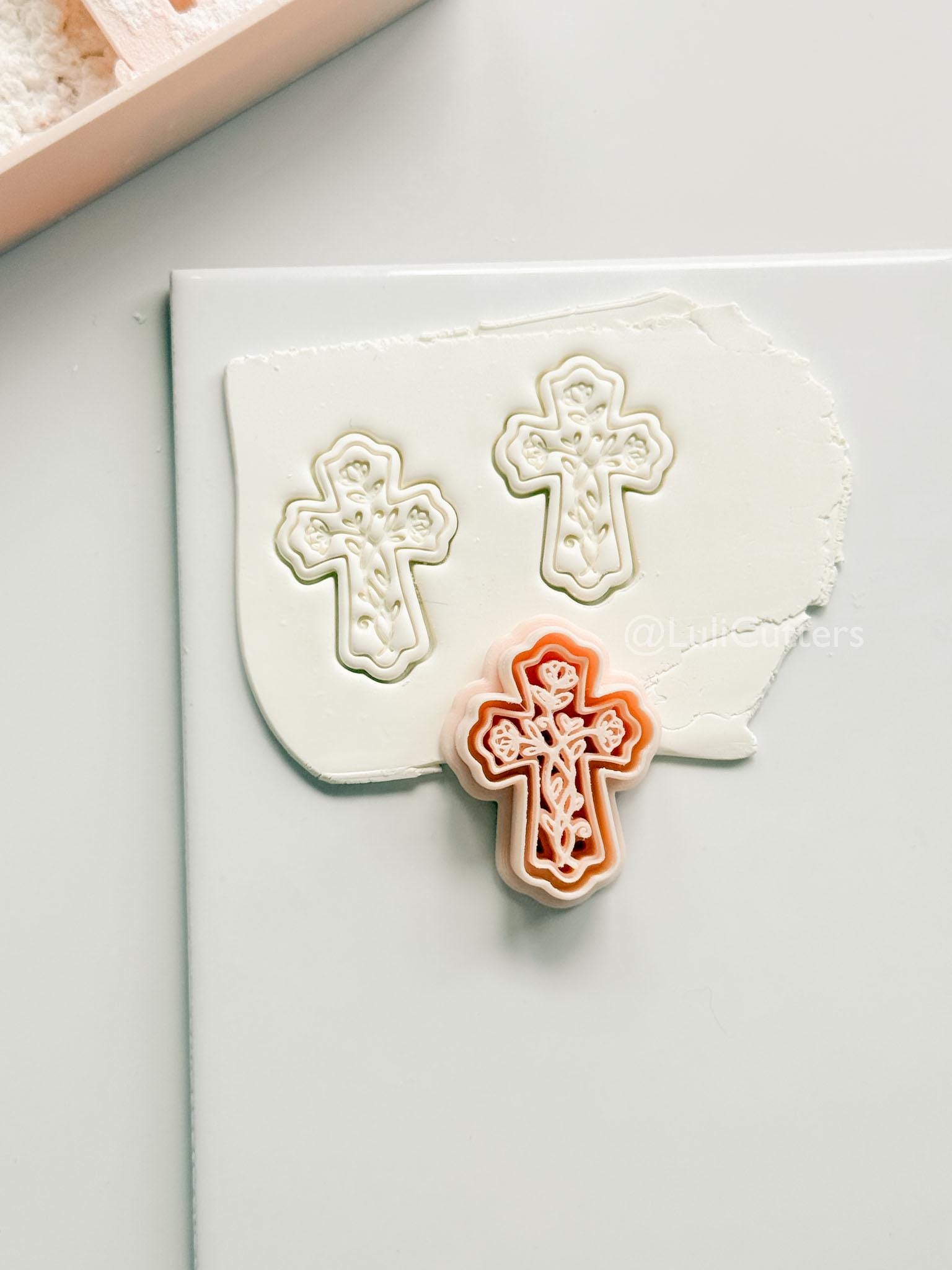 Soft Bloom Cross Polymer Clay Cutter: Embossed Floral Vine Design for Easter