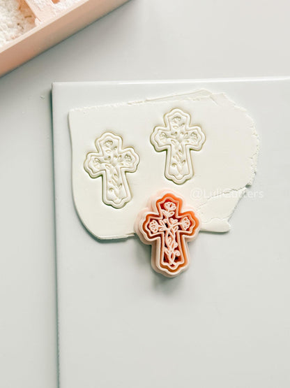 Soft Bloom Cross Polymer Clay Cutter: Embossed Floral Vine Design for Easter