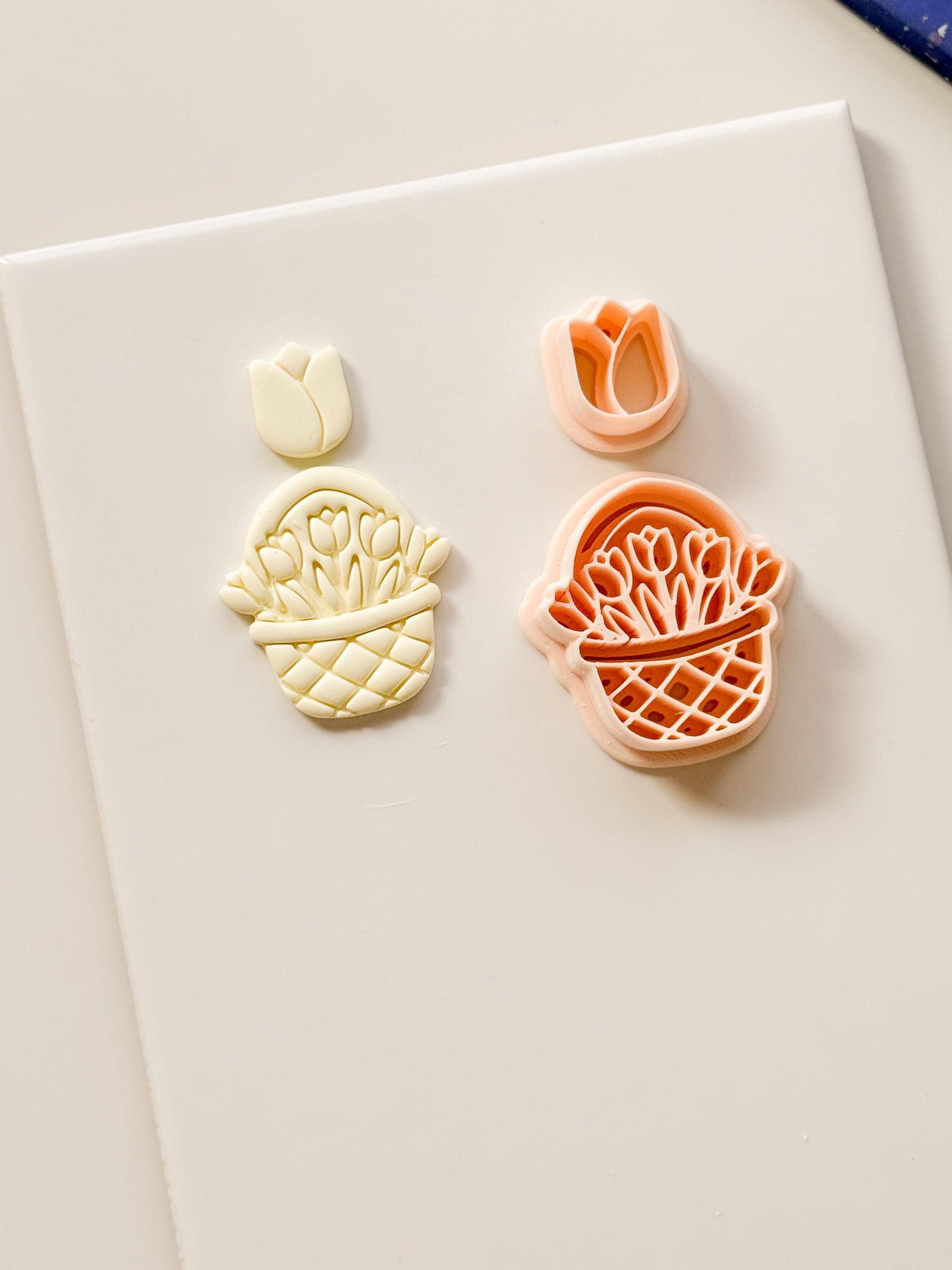 Tulip Basket Polymer Clay Cutter: Embossed Floral Set & Mini Bloom for Spring