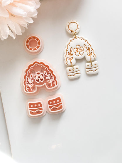 Folk Floral Arch Polymer Clay Cutter: Botanical Rainbow Embosser
