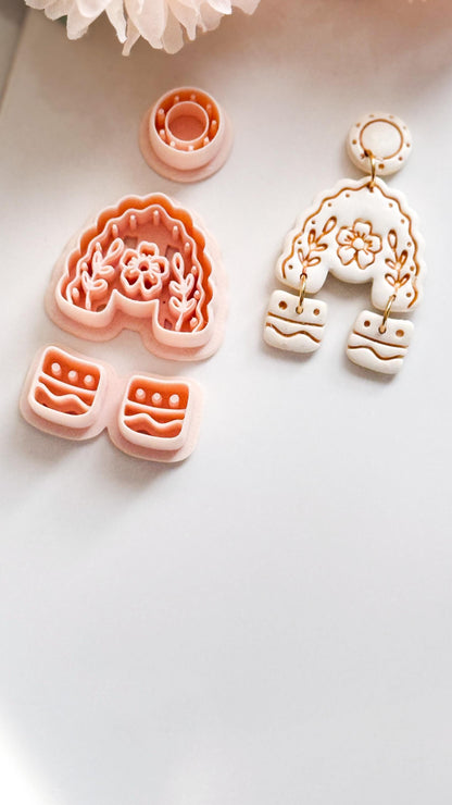 Folk Floral Arch Polymer Clay Cutter: Botanical Rainbow Embosser