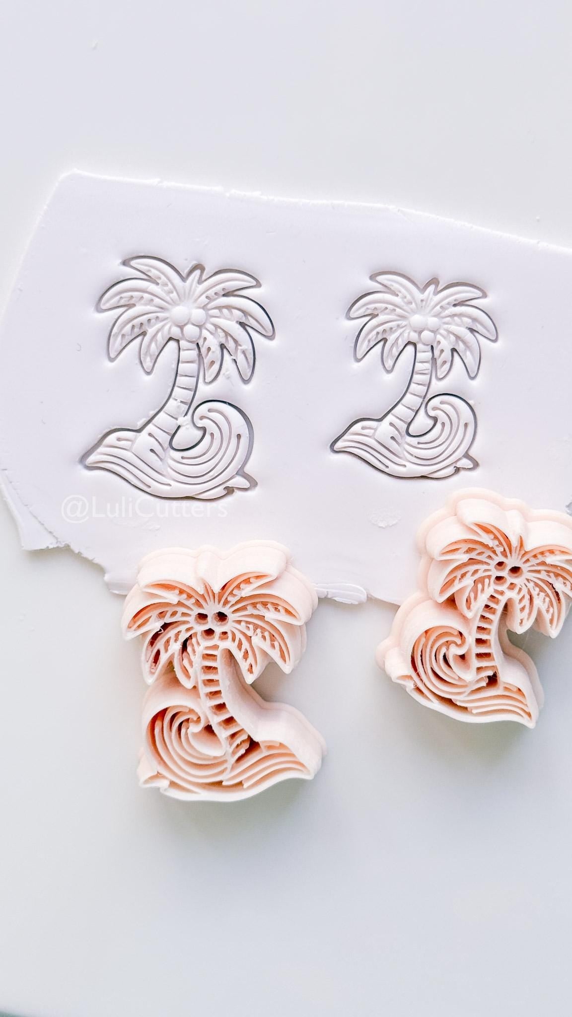 Palm Wave Cutter: Tropical Tree with Swirling Ocean Wave Design for Polymer Clay