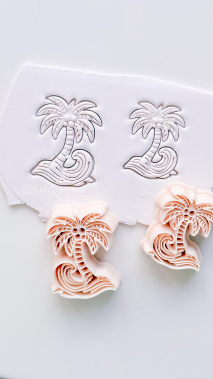 Palm Wave Cutter: Tropical Tree with Swirling Ocean Wave Design for Polymer Clay