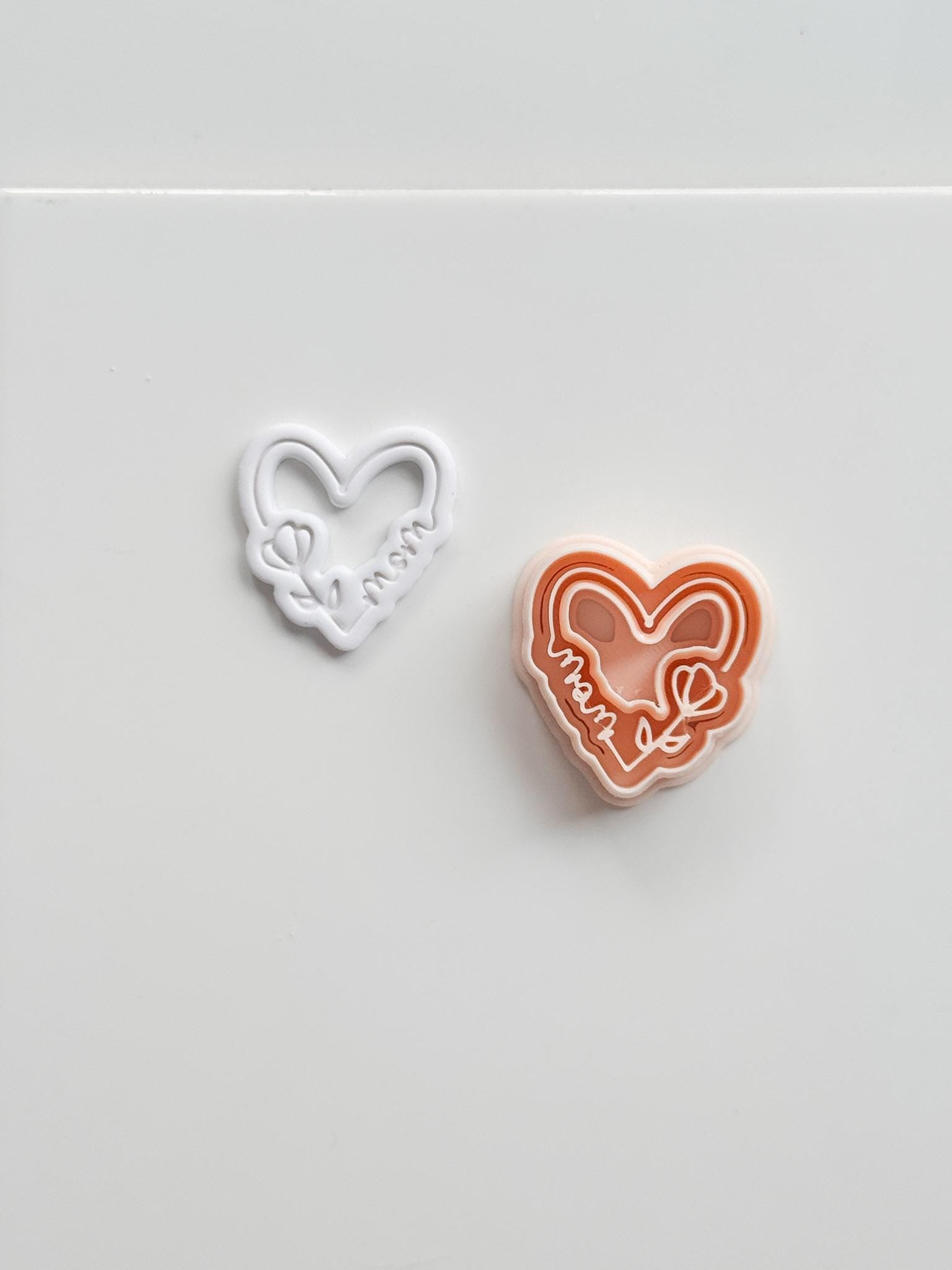 Mom Script Cutter: Heart-Shaped Design with Flower and Cursive Text for Polymer Clay