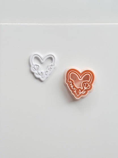 Mom Script Cutter: Heart-Shaped Design with Flower and Cursive Text for Polymer Clay