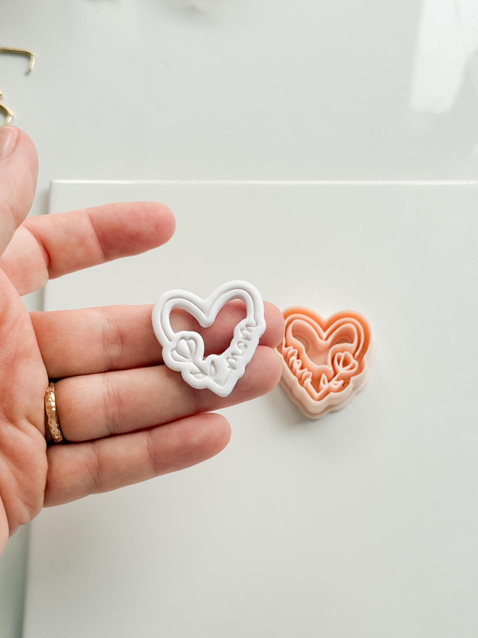 Mom Script Cutter: Heart-Shaped Design with Flower and Cursive Text for Polymer Clay