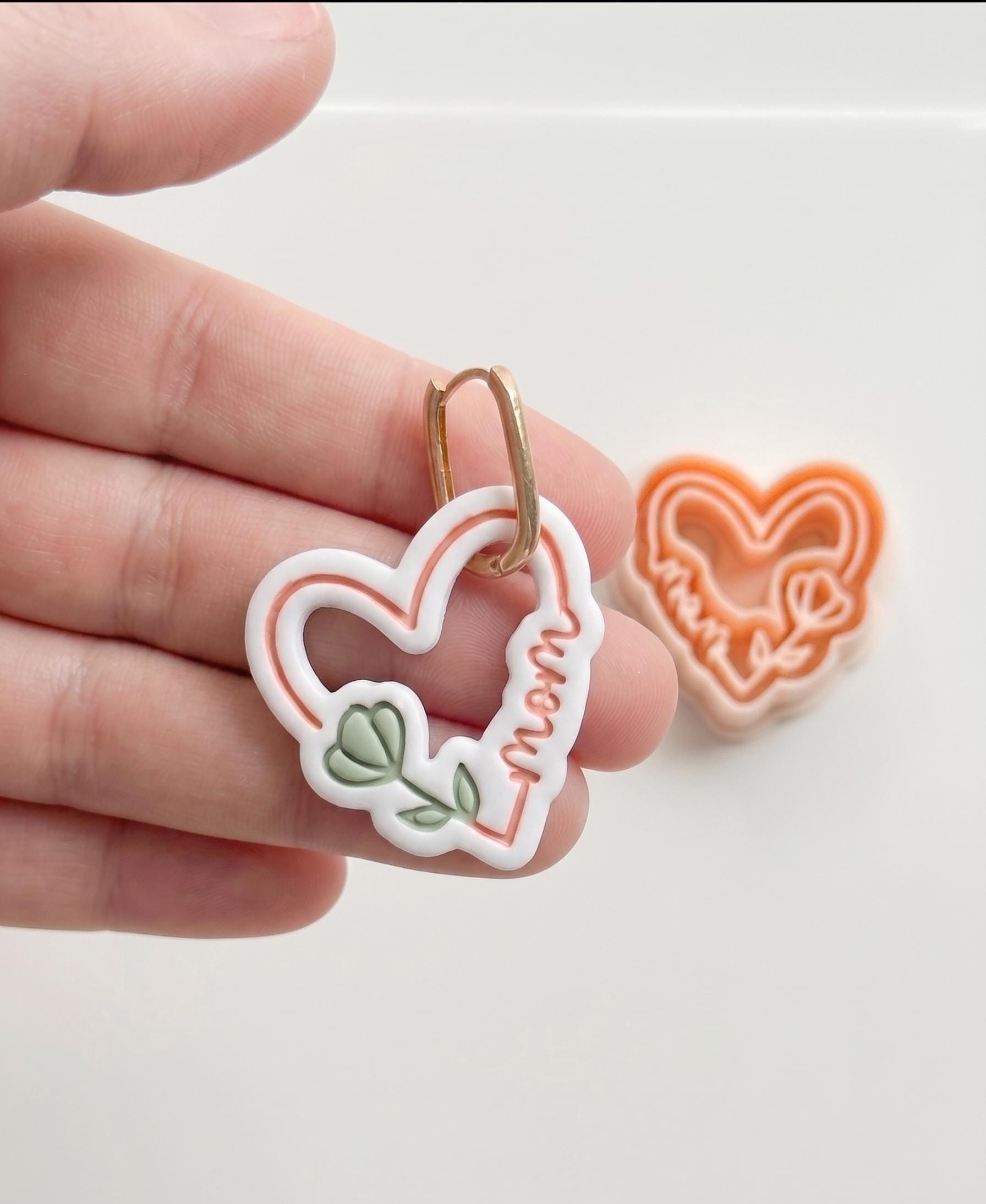Mom Script Cutter: Heart-Shaped Design with Flower and Cursive Text for Polymer Clay