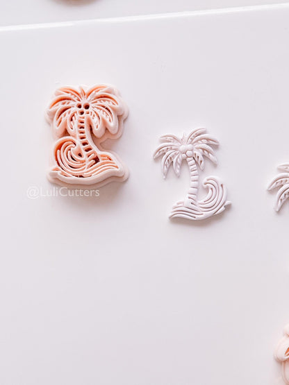 Palm Wave Cutter: Tropical Tree with Swirling Ocean Wave Design for Polymer Clay