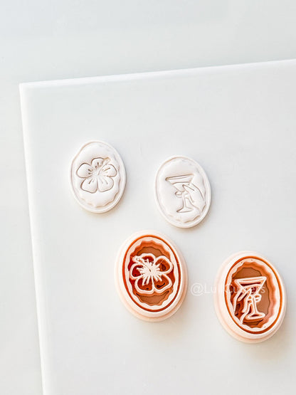 Oval Martini & Hibiscus Cutter: Cocktail Glass and tropical flower Shape for Polymer Clay