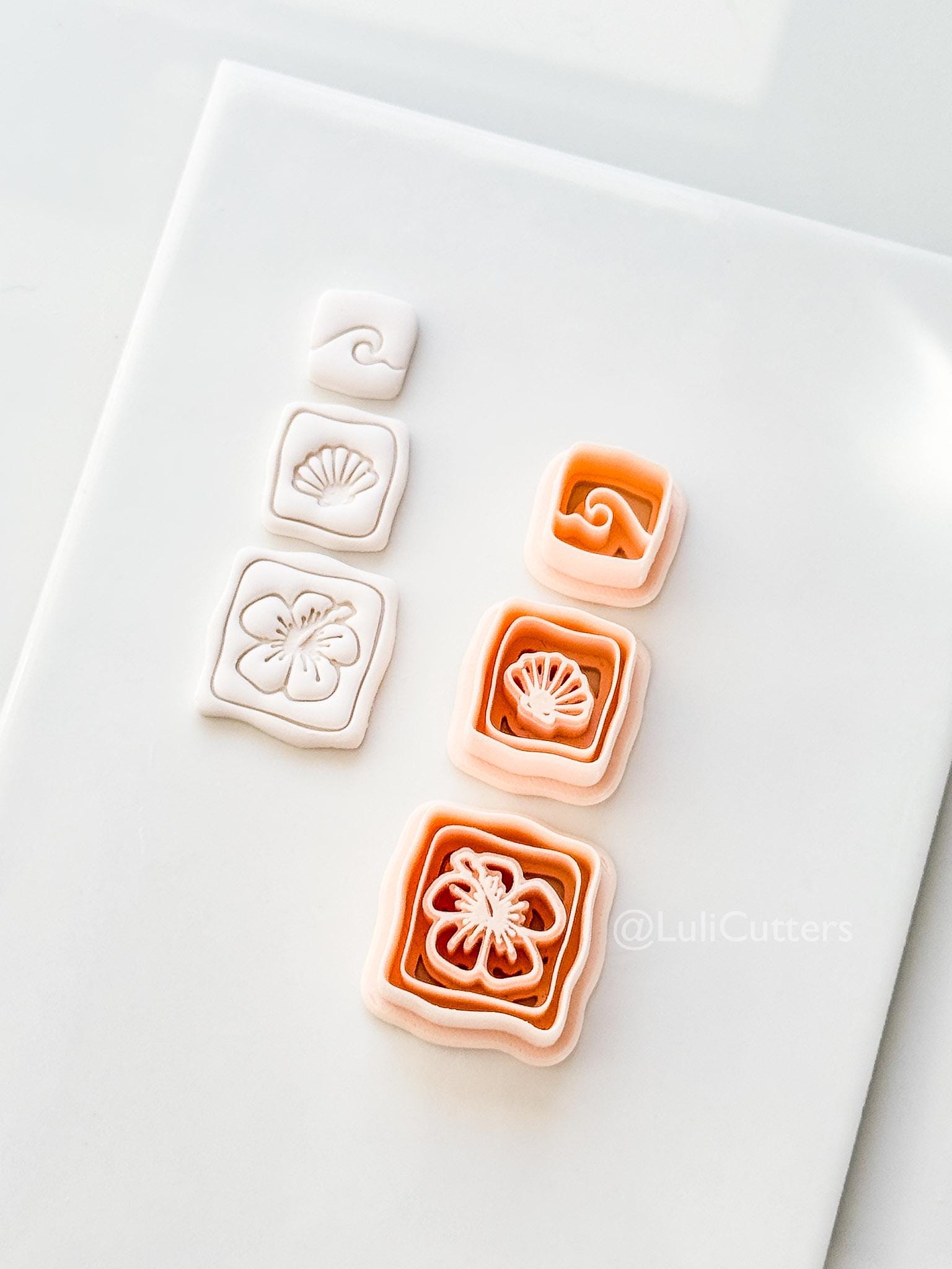 Hibiscus Trio Cutter: Square Floral Shell Spiral Set for Polymer Clay