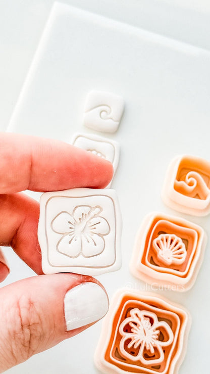 Hibiscus Trio Cutter: Square Floral Shell Spiral Set for Polymer Clay