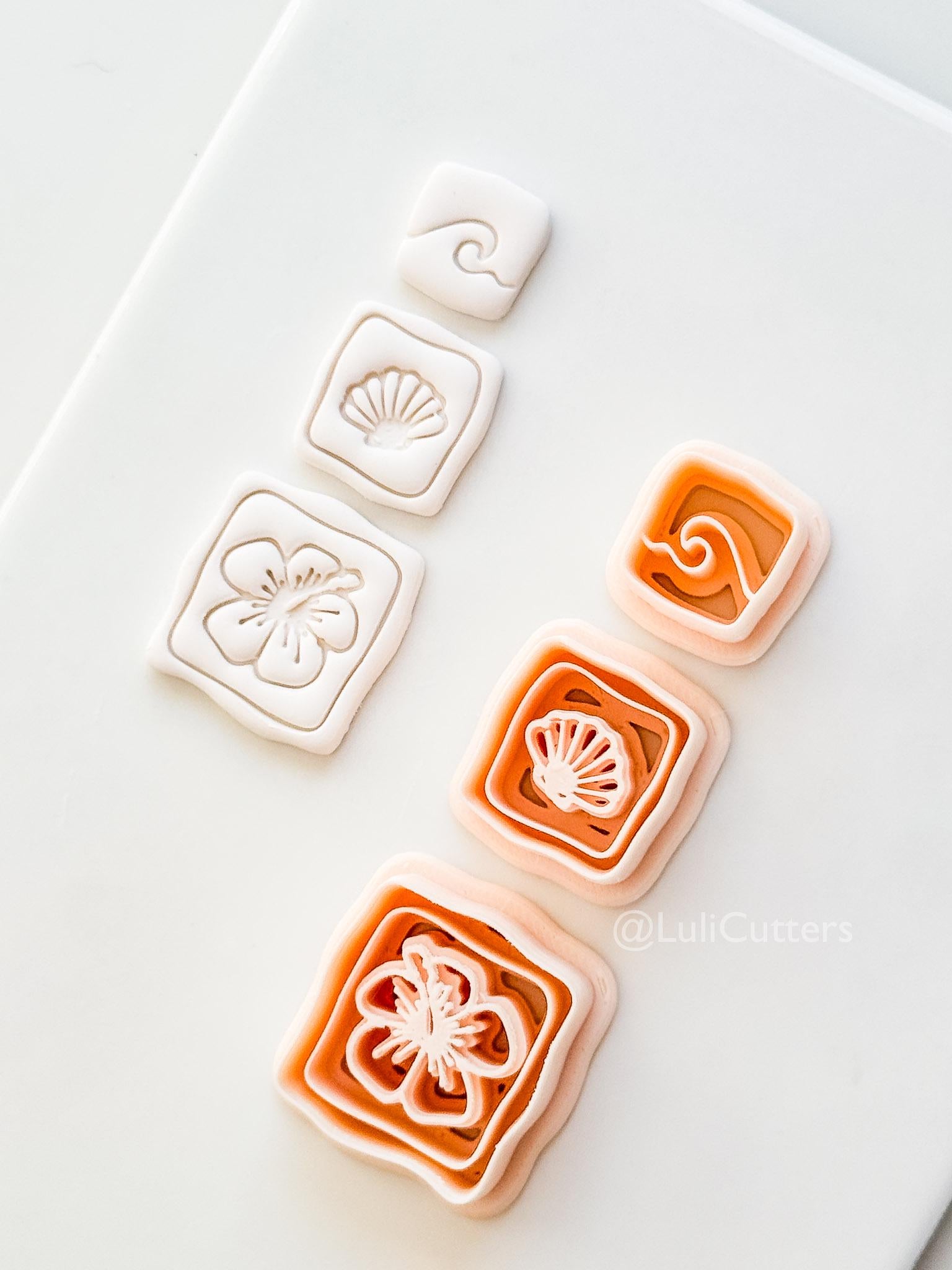 Hibiscus Trio Cutter: Square Floral Shell Spiral Set for Polymer Clay