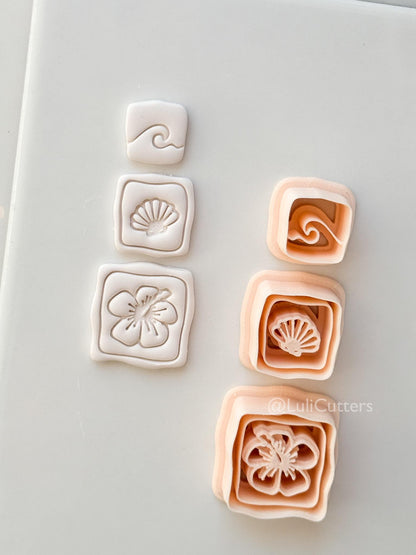 Hibiscus Trio Cutter: Square Floral Shell Spiral Set for Polymer Clay