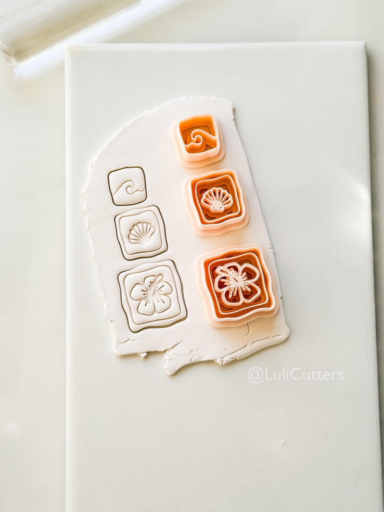 Hibiscus Trio Cutter: Square Floral Shell Spiral Set for Polymer Clay