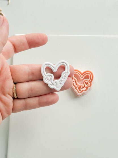 Mom Script Cutter: Heart-Shaped Design with Flower and Cursive Text for Polymer Clay