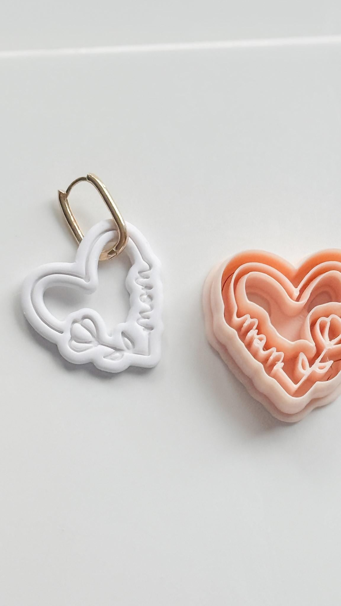 Mom Script Cutter: Heart-Shaped Design with Flower and Cursive Text for Polymer Clay